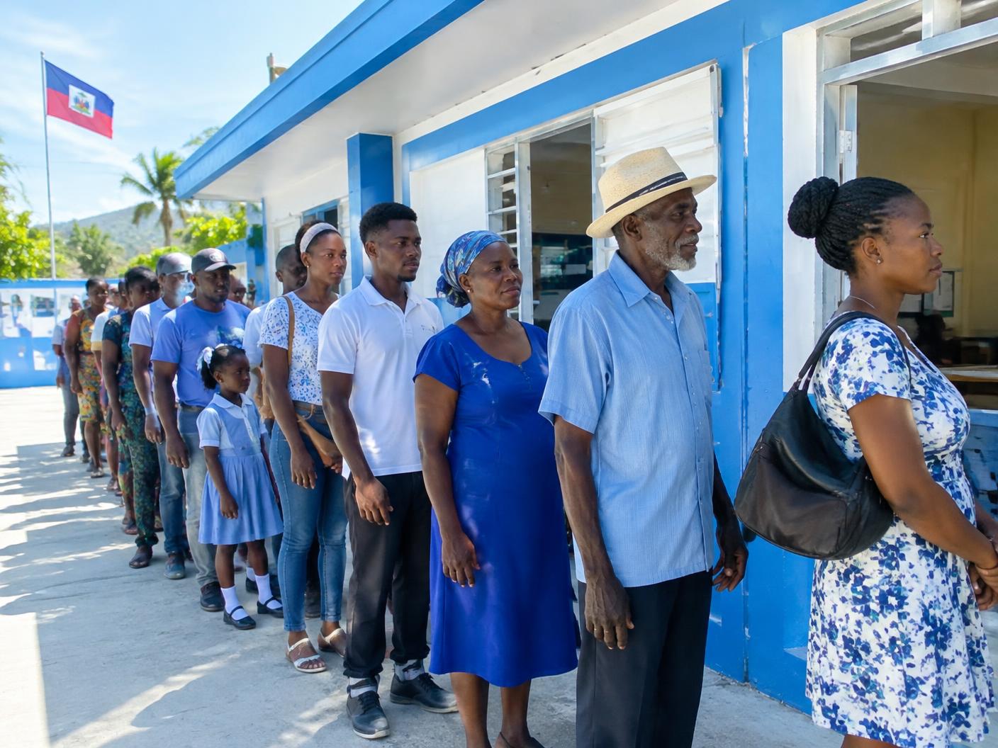Citoyens en file devant un bureau de vote